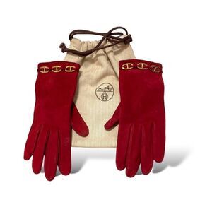 HERMÈS Link Vintage Dark Red Suede Gloves |Size: 7|
